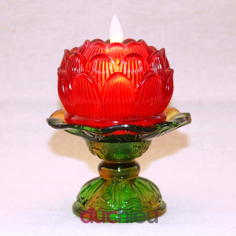 Đèn hoa sen lưu ly thủy tinh dùng pin để bàn thờ tim lắc lung linh như thật, đèn thờ cúng dùng pin - Đức Hiếu Shop