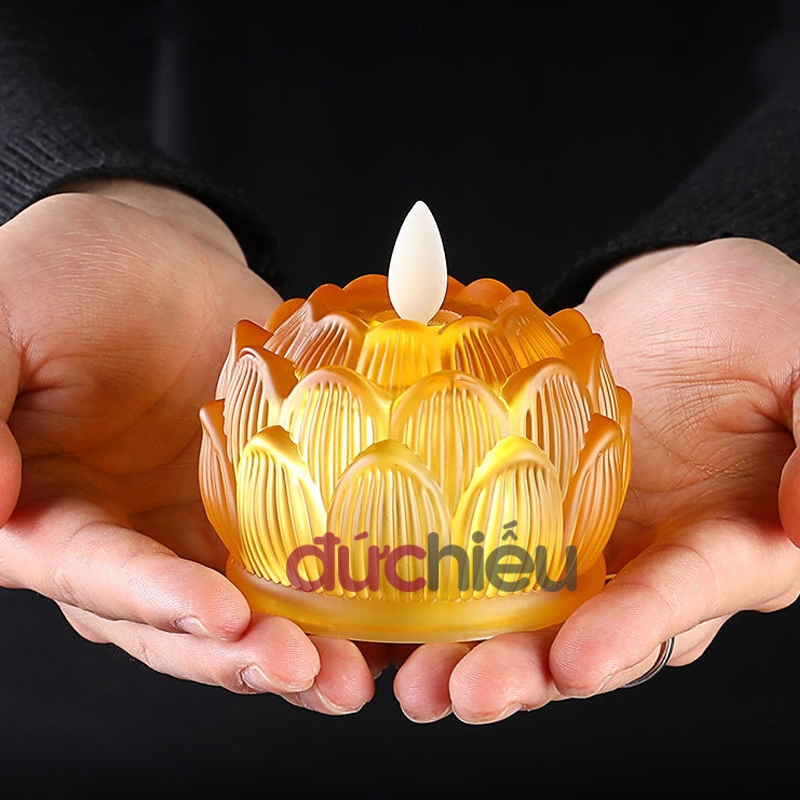 Đèn hoa sen lưu ly thủy tinh dùng pin để bàn thờ tim lắc lung linh như thật, đèn thờ cúng dùng pin - Đức Hiếu Shop