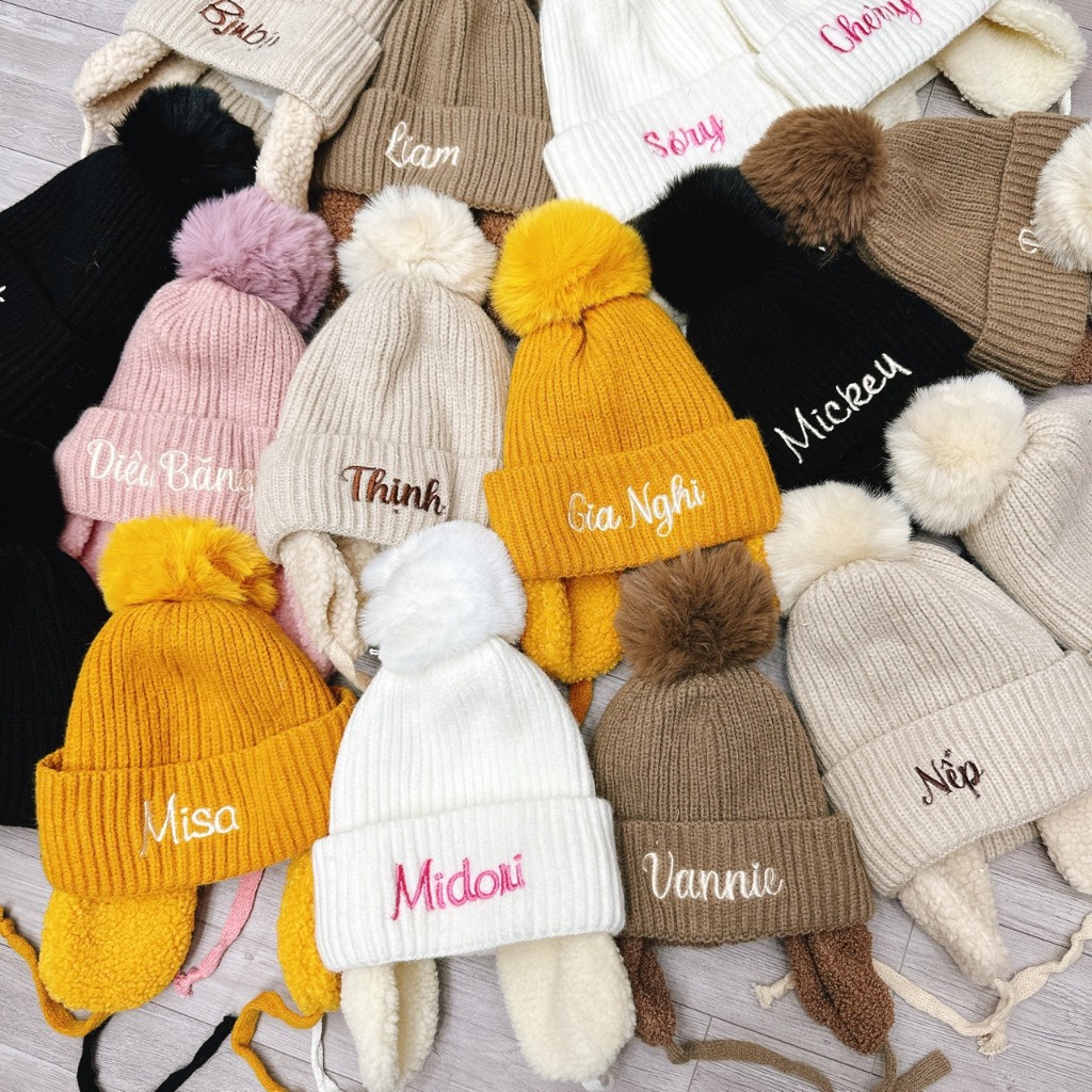MUP 195: Mũ len bông phong cách Hàn quốc - Thêu tên bé theo yêu cầu
