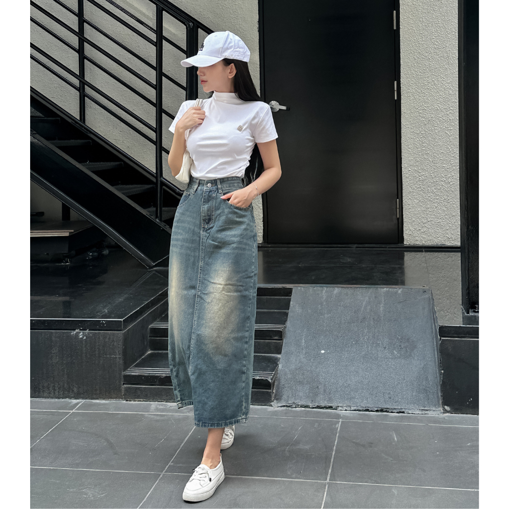 Chân váy jean dáng dài xẻ tà màu retro TiQi Jeans V1-017