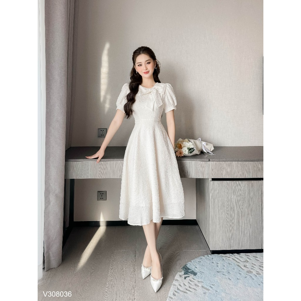 Váy tiểu thư nơ cổ tùng nhún tay bồng Charme 308036