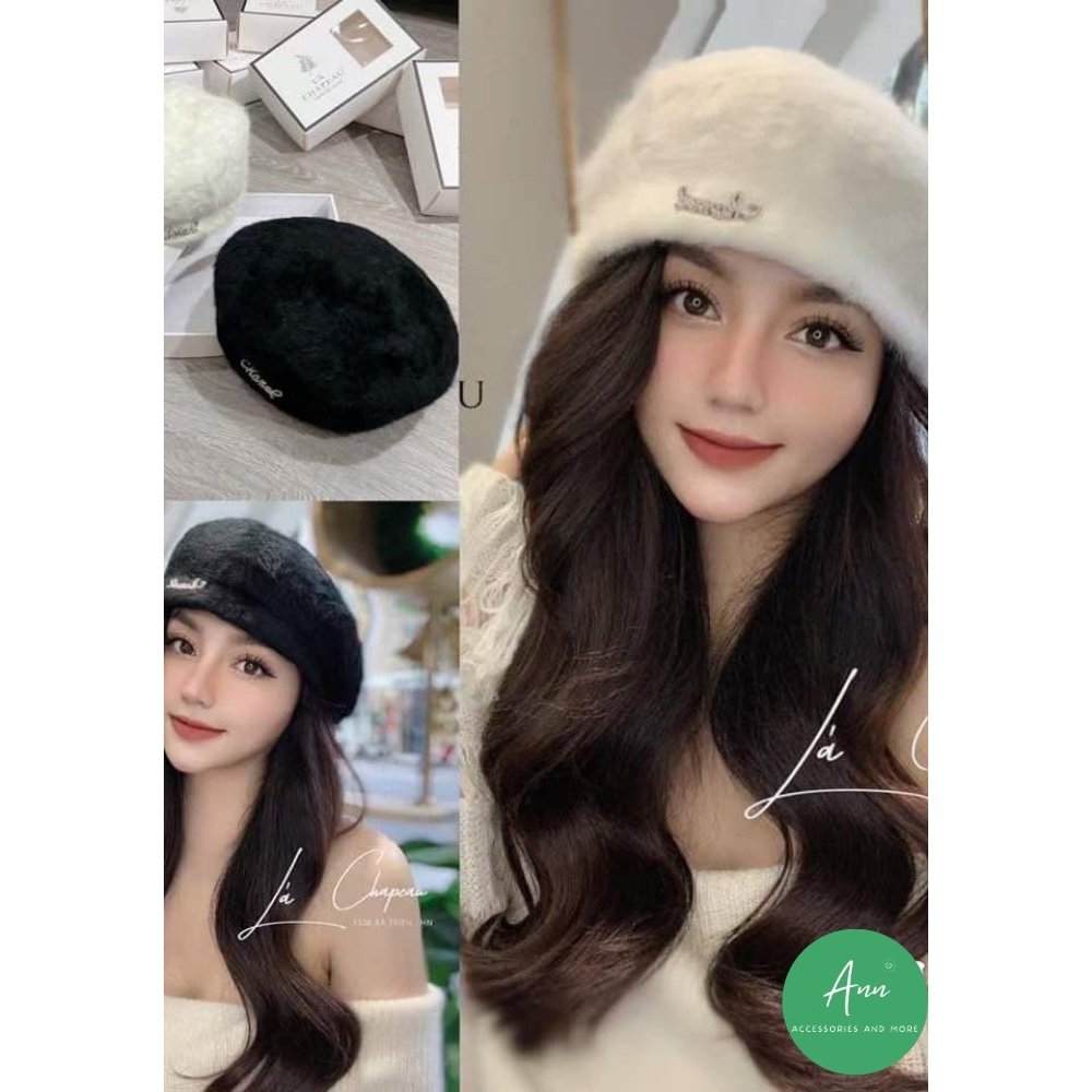 Mũ nồi CN mới, lông tuyết mềm mại, logo đính đá nổi bật, sẵn 2 màu Đen - Kem y hình