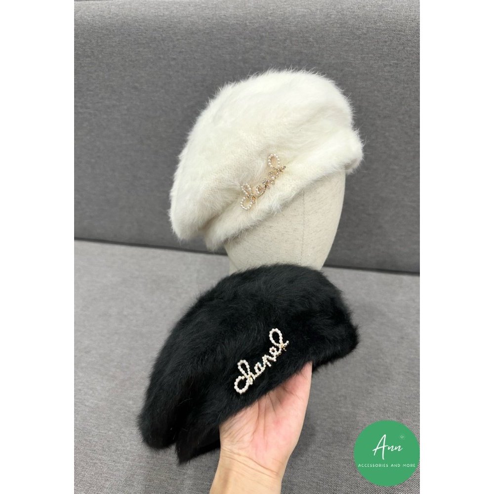 Mũ nồi CN mới, lông tuyết mềm mại, logo đính đá nổi bật, sẵn 2 màu Đen - Kem y hình