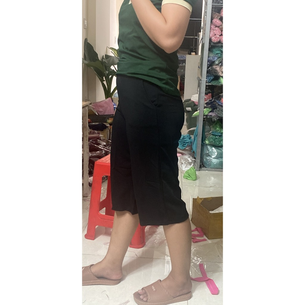 Quần Nữ Chiều Dài Lửng Ống Rộng Chất Vải Dày Co Giãn   Rất Khóa Kéo Giọt Lệ Bên Hông Túi