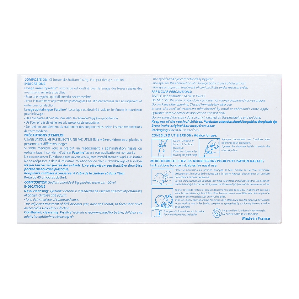 Nhỏ mắt, mũi, tai Fysoline Đẳng trương (40 ống x 5ml), vệ sinh hàng ngày cho bé, loại bỏ các chất nhầy trong mũi,tai.