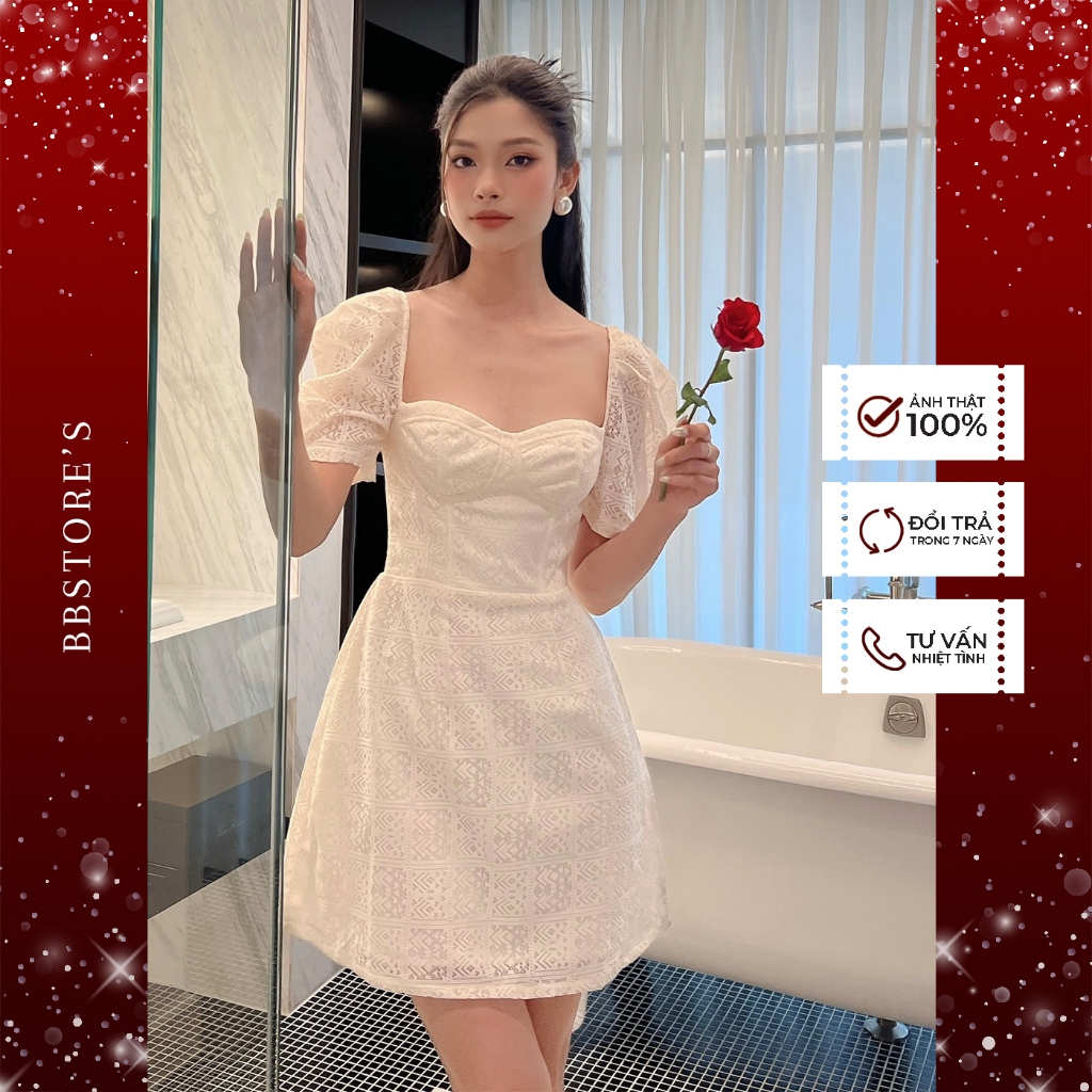 BBSTORE'S Đầm Xòe Ren Tay Phồng Dự Tiệc Cúp Ngực Sang Trọng ( không kèm tag hoa ) -D1986