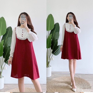 Váy dạ bầu thu đông phối trắng bèo cổ