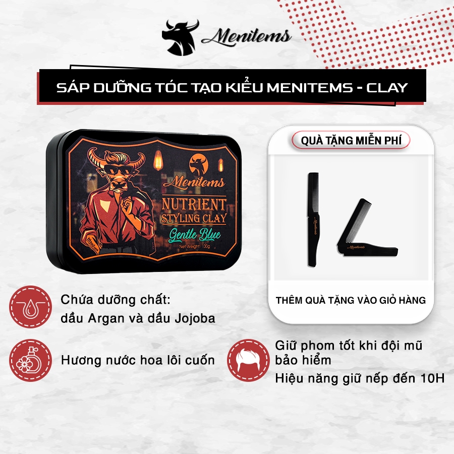 Sáp Menitems, sáp vuốt tóc tạo kiểu Clay, giữ nếp, tự nhiên lên đến hơn 10H, hương thơm lôi cuốn Gental Blue
