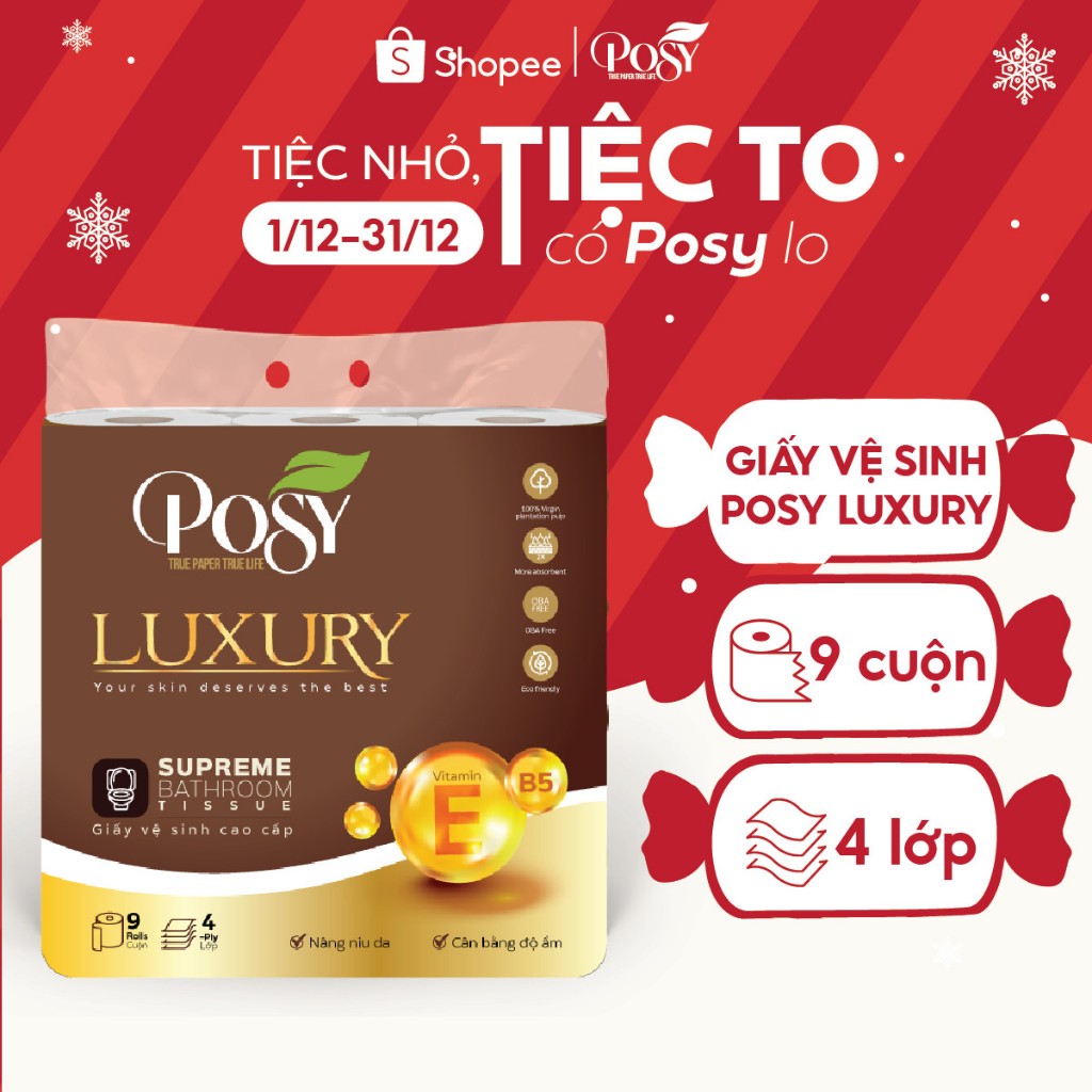 Giấy vệ sinh POSY LUXURY bịch 9 CUỘN - 4 LỚP có lõi, siêu mềm mịn, an toàn cho da