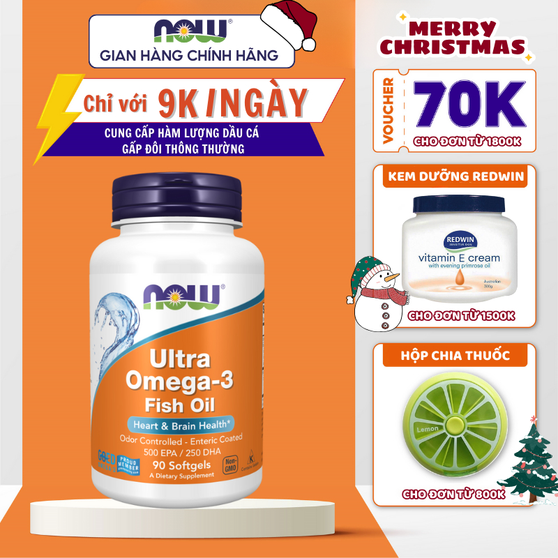 Viên uống dầu cá Now Ultra Omega-3 500 EPA/250 DHA bổ mắt tăng đề kháng 90 viên