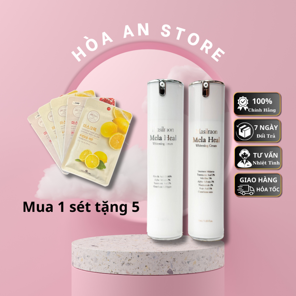Set Ampoule Và Kem Dưỡng Dành Cho Da Nám Masilraon Mela Heal AHA 15% Tranexamic Acid 2% 50ml Hoaanstore