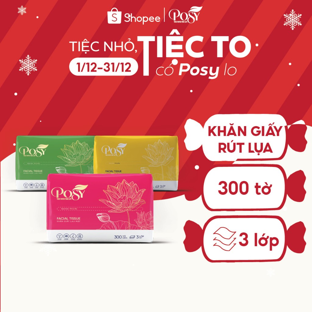 Khăn giấy rút cao cấp POSY LOTUS, 300 tờ 3 lớp, không chất tẩy trắng tiện lợi cho mọi gia đình