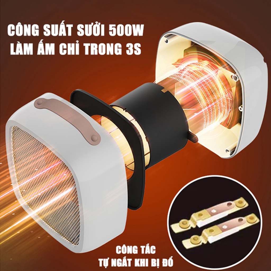 Quạt sưởi mini để bàn siêu ấm hình vuông không mùi nhựa, máy sưởi ấm để bàn mùa đông công suất 500W tiện lợi