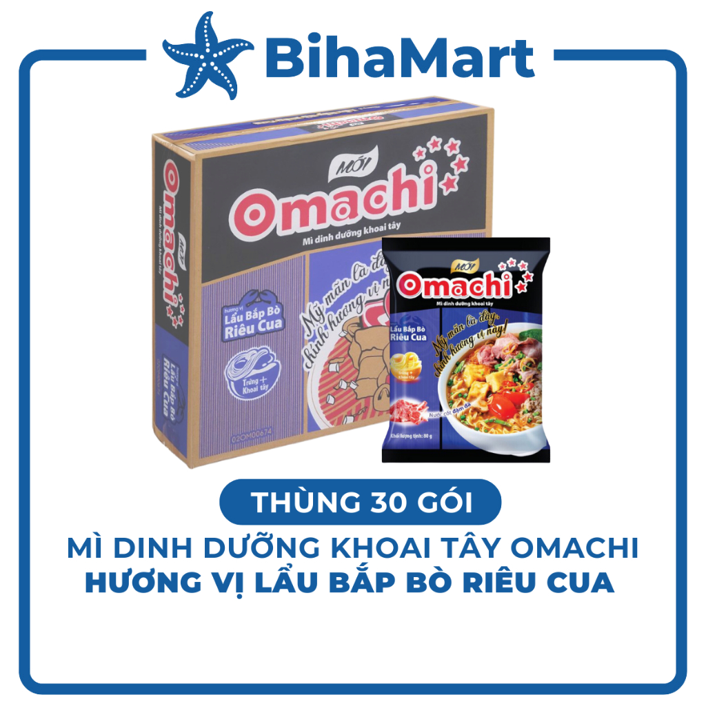 [THÙNG 30 GÓI] - MASAN - Mì Omachi GÓI hương vị Lẩu Bắp Bò Riêu Cua - Mì khoai tây Omachi Lẩu Bắp Bò Riêu Cua (80g/gói)