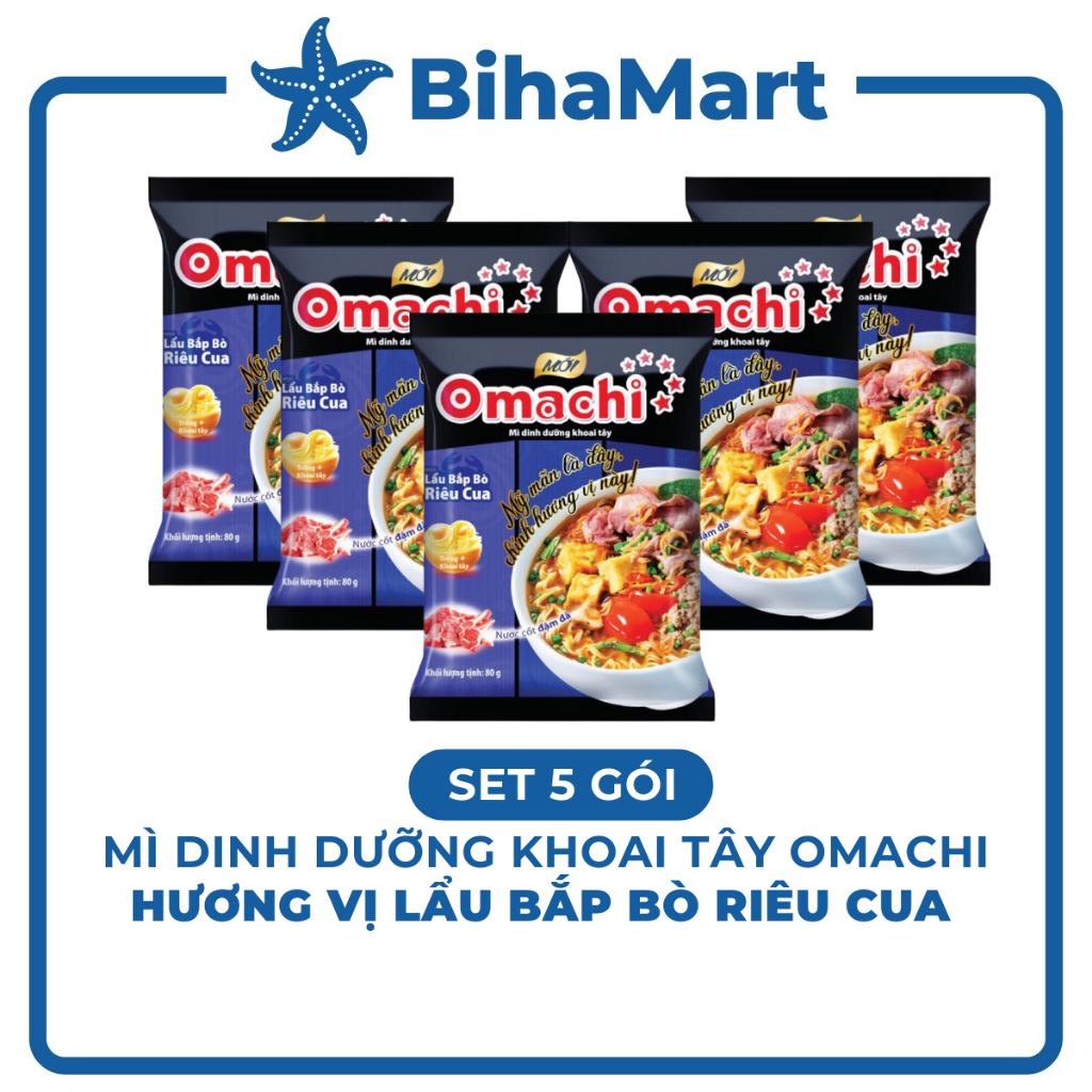 [SET 5 GÓI] - MASAN - Mì Omachi GÓI hương vị Lẩu Bắp Bò Riêu Cua - Mì khoai tây Omachi Lẩu Bắp Bò Riêu Cua (80g/gói)