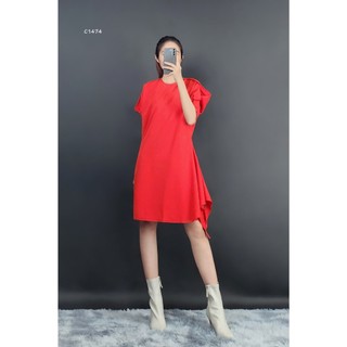 C1474 - đầm mango cổ tròn, tay lở, xẻ tay, xẻ hong, cột nơ