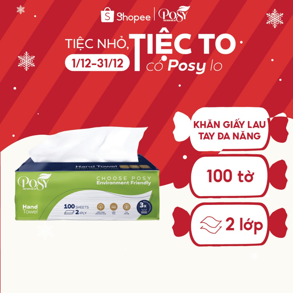 Khăn giấy lau tay POSY, Khăn giấy đa năng 100 tờ 2 lớp