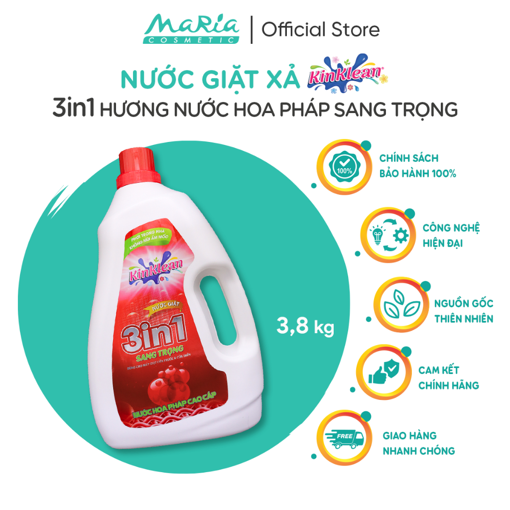Nước giặt sạch thơm 3in1 KinKlean hương nước hoa Pháp sang trọng 3.8kg