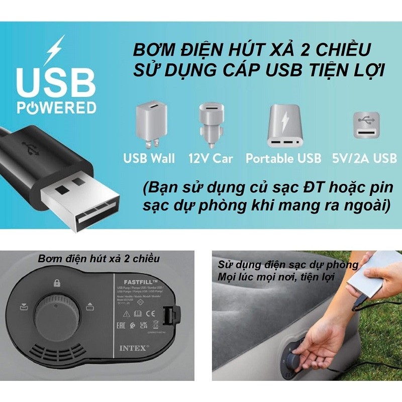Giường hơi đơn 99cm cao cấp INTEX 64112 tích hợp bơm điện cổng USB