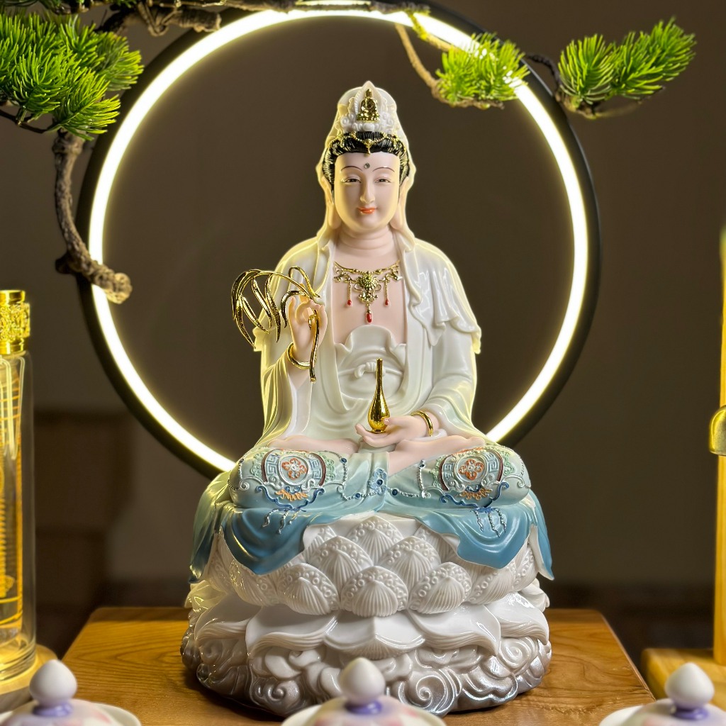 Bộ Tượng Tam Thánh, A Di Đà, Địa Tạng, Quan Âm sơn Xanh - Trắng, cao 30cm - Tuệ Nga