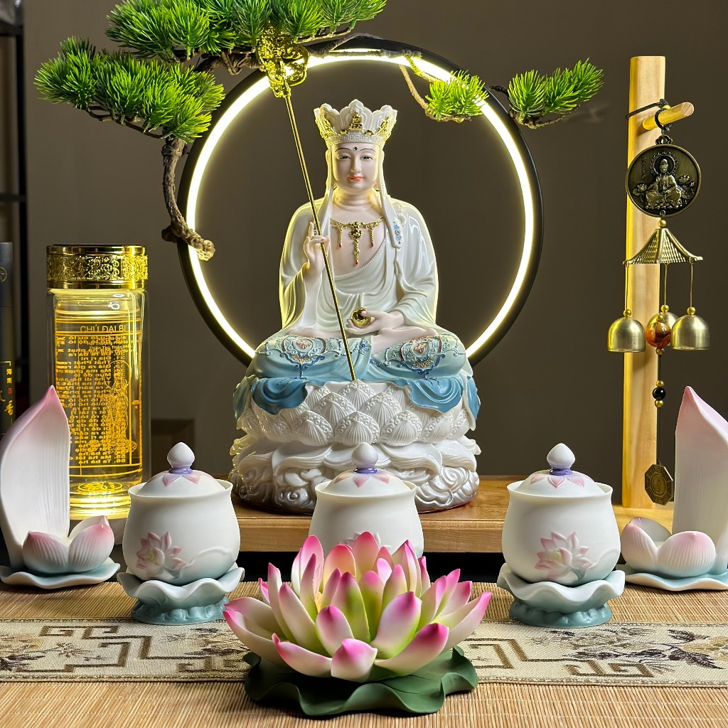 Bộ Tượng Tam Thánh, A Di Đà, Địa Tạng, Quan Âm sơn Xanh - Trắng, cao 30cm - Tuệ Nga