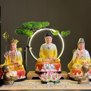 Bộ tượng tam thánh, thích ca, địa tạng, quan âm sơn bóng vàng - đỏ, cao 30cm - tuệ nga