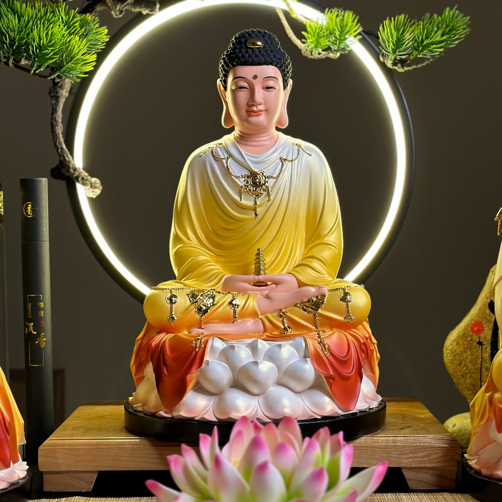 Bộ Tượng Tam Thánh, Thích Ca, Địa Tạng, Quan Âm sơn bóng Vàng - Đỏ, cao 30cm - Tuệ Nga