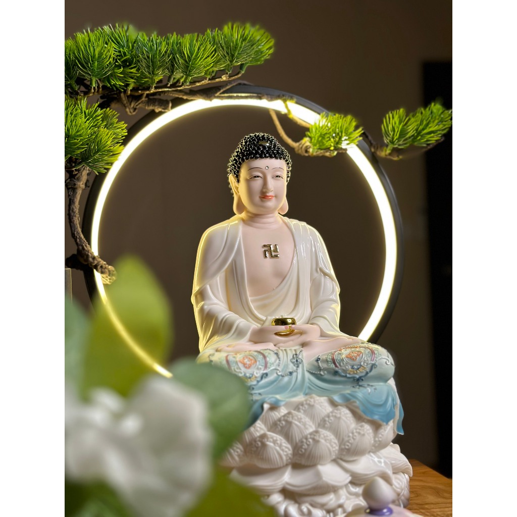 Bộ Tượng Tam Thánh, A Di Đà, Địa Tạng, Quan Âm sơn Xanh - Trắng, cao 30cm - Tuệ Nga