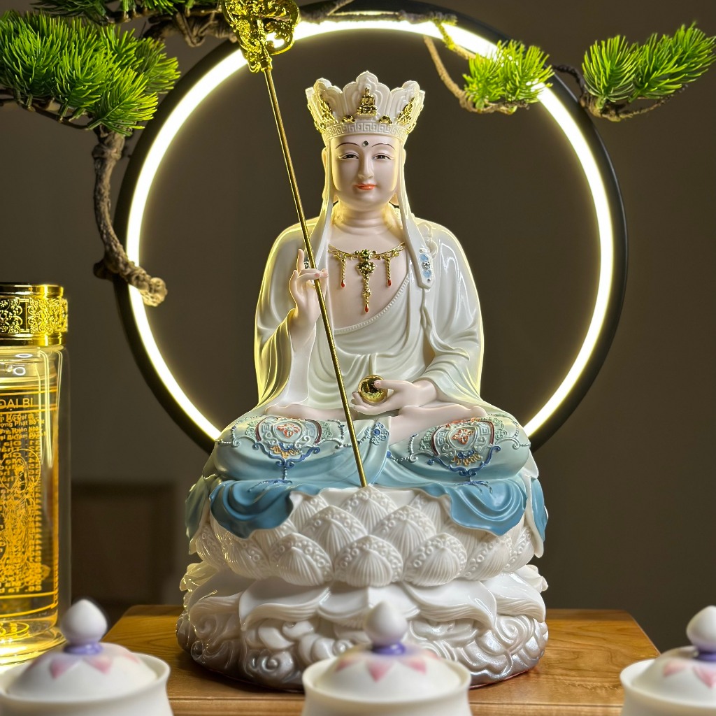 Bộ Tượng Tam Thánh, A Di Đà, Địa Tạng, Quan Âm sơn Xanh - Trắng, cao 30cm - Tuệ Nga