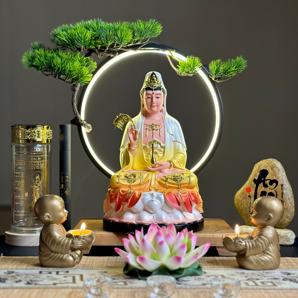 Bộ Tượng Tam Thánh, Thích Ca, Địa Tạng, Quan Âm sơn bóng Vàng - Đỏ, cao 30cm - Tuệ Nga