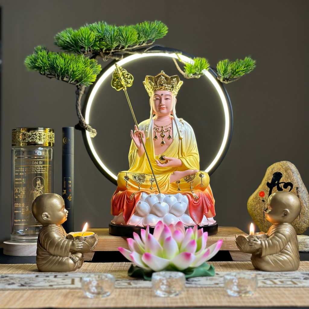 Bộ Tượng Tam Thánh, Thích Ca, Địa Tạng, Quan Âm sơn bóng Vàng - Đỏ, cao 30cm - Tuệ Nga