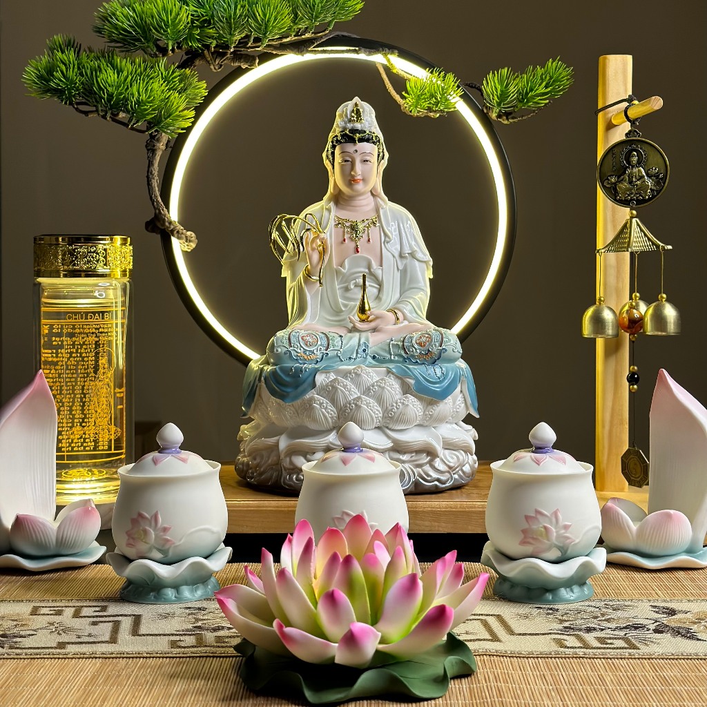 Bộ Tượng Tam Thánh, A Di Đà, Địa Tạng, Quan Âm sơn Xanh - Trắng, cao 30cm - Tuệ Nga