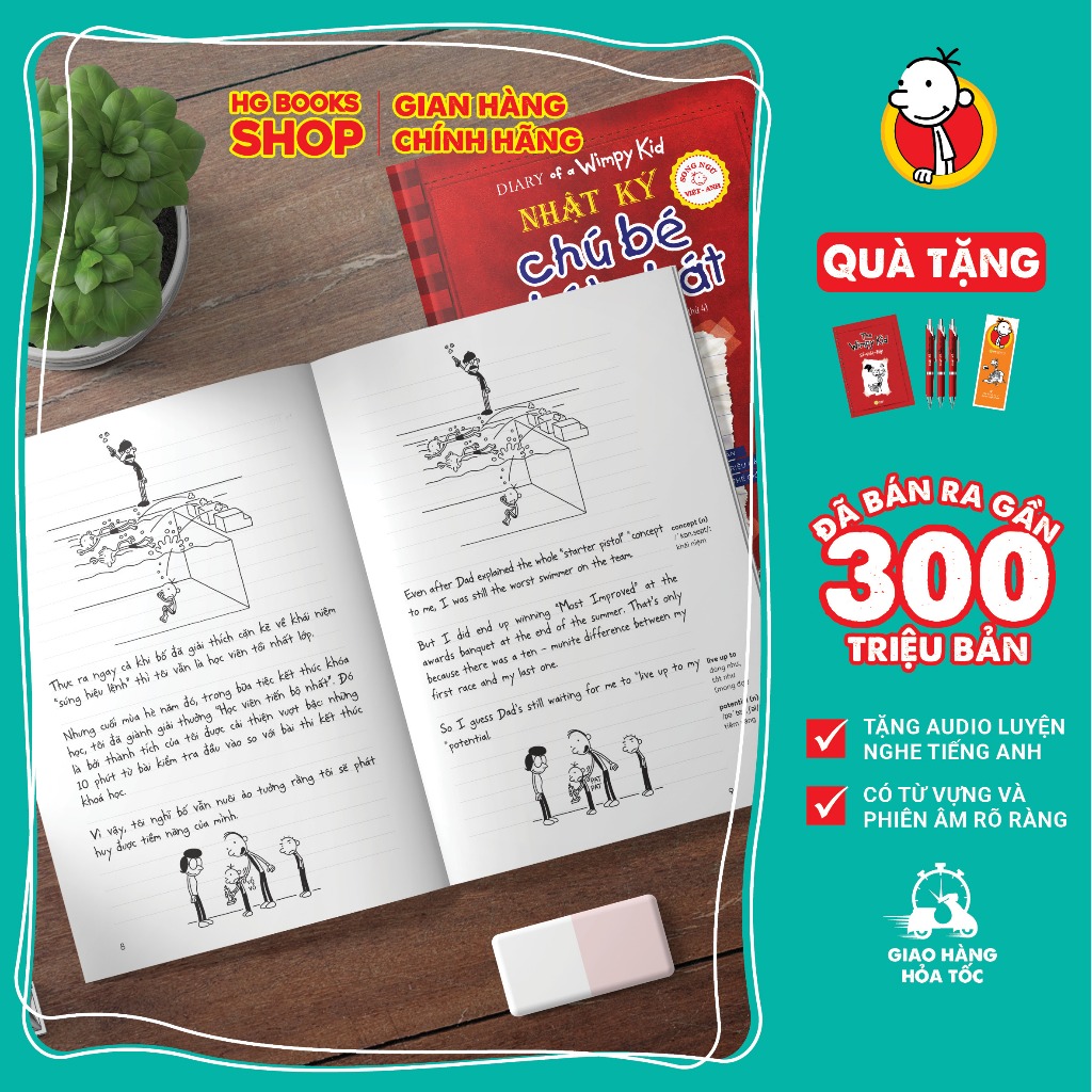 [Tập lẻ] Sách song ngữ Nhật Ký Chú Bé Nhút Nhát (Diary of a Wimpy Kid). Đã bán 300 triệu bản, tặng kèm file nghe