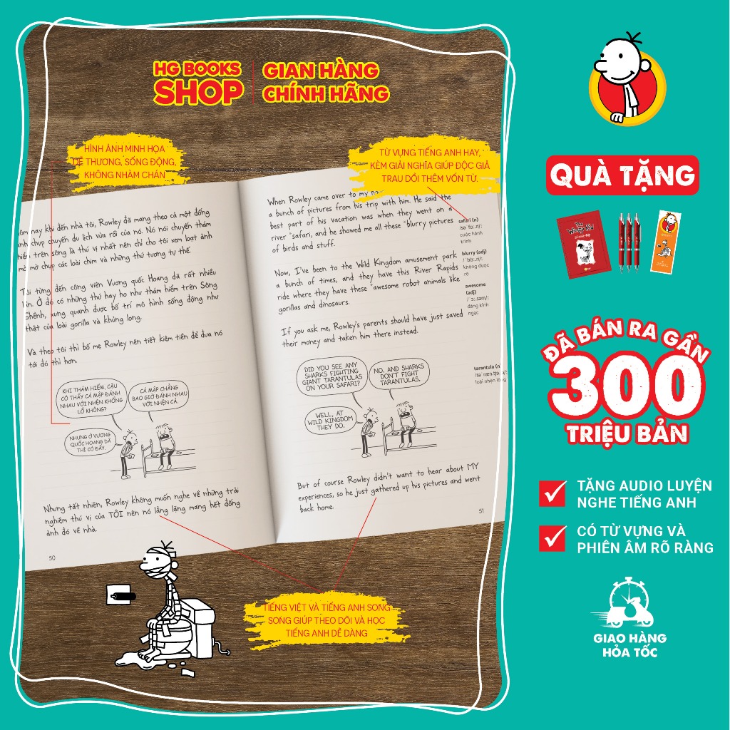 [Tập lẻ] Sách song ngữ Nhật Ký Chú Bé Nhút Nhát (Diary of a Wimpy Kid). Đã bán 300 triệu bản, tặng kèm file nghe