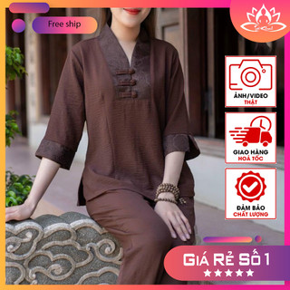 Đồ lam đi chùa vải đũi phối gấm đẹp trang nhã cho nữ mặc siêu mát cho người lớn tuổi, trung niên hoặc người trẻ