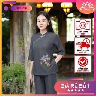 Sale - Bộ đồ lam đi chùa nữ vải đũi vân mây An loại 1