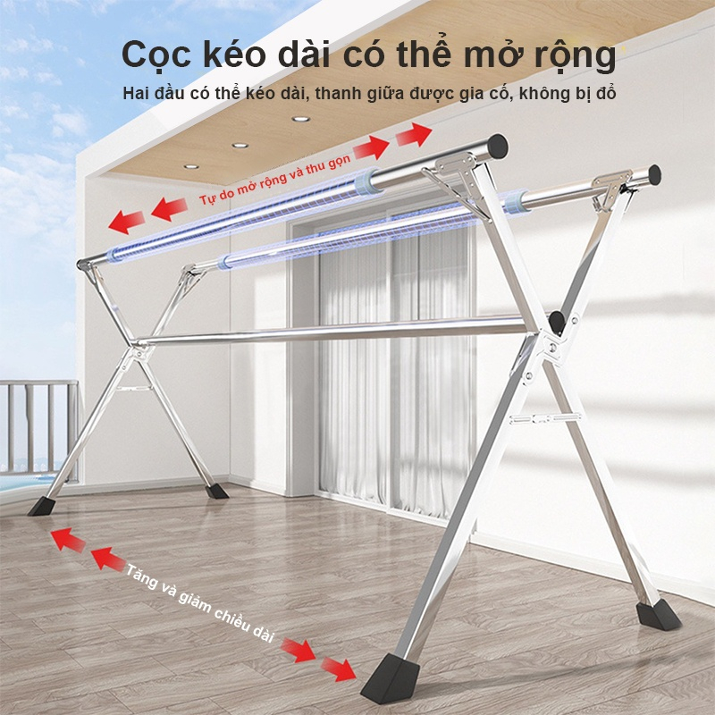 LEADTEK Giá phơi vải có thể gập lại 240cm Có thể mở rộng Móc treo vải bằng thép không gỉ cực đôi