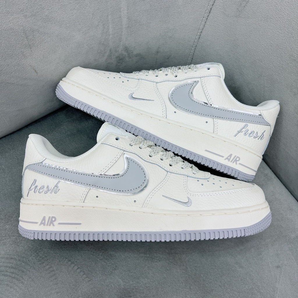 Giày Thể Thao AF1 Low Keep Fresh Beige Light Gray Silver, Giày Af1 kem vạch xám bàn chải KemFresh
