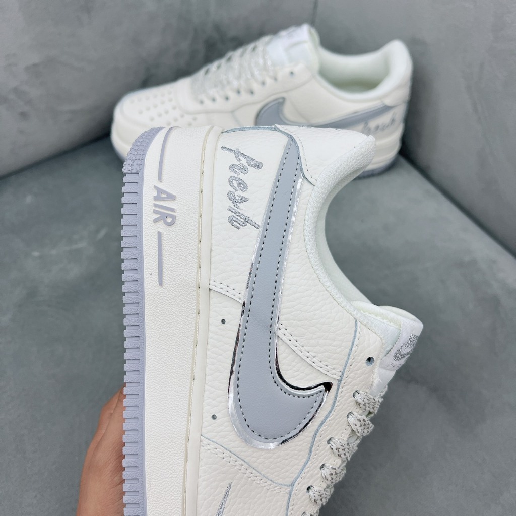 Giày Thể Thao AF1 Low Keep Fresh Beige Light Gray Silver, Giày Af1 kem vạch xám bàn chải KemFresh