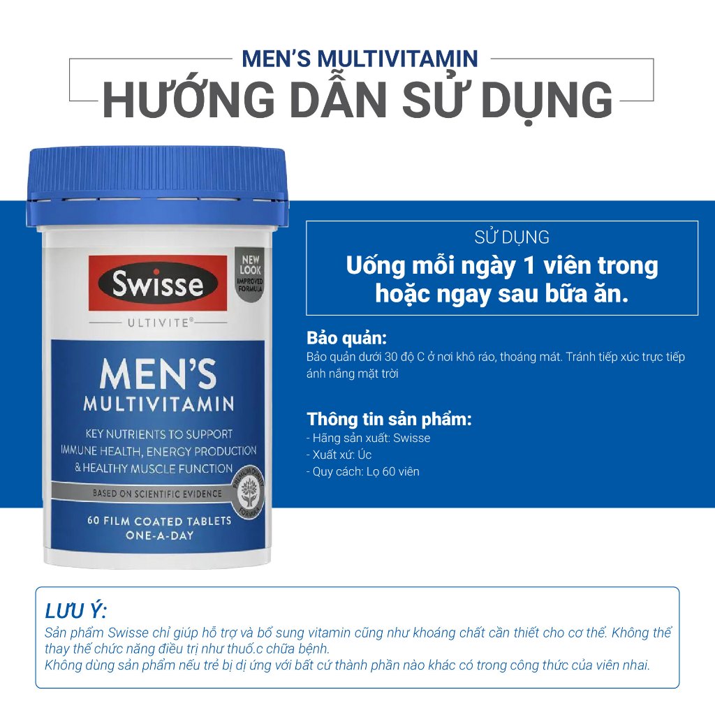 Viên uống bổ sung Vitamin tổng hợp cho nam giới Swisse Men's Multivitamin 60 viên của Úc