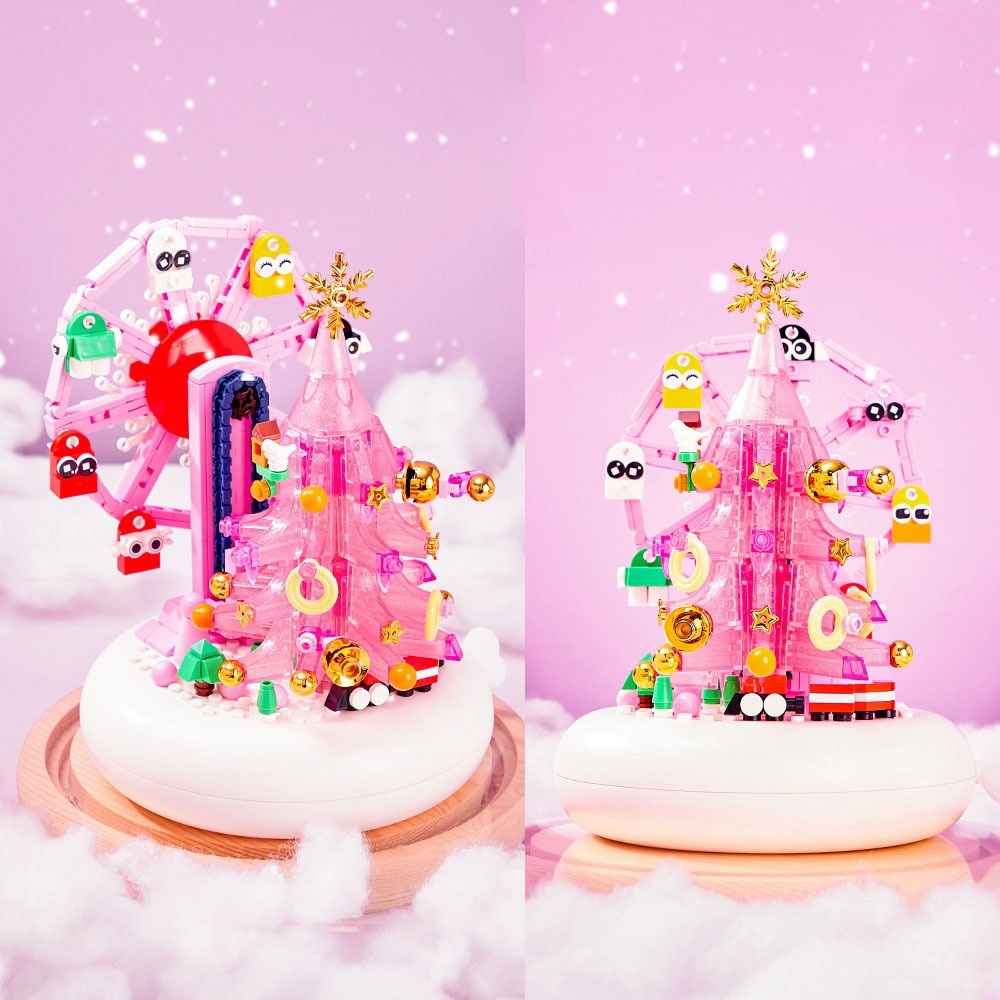 Đồ Chơi Lắp Ráp Kiểu Lego Cây Thông Hồng Có Vòng Đu Quay Đi Kèm Thú Cưng Giáng Sinh Hộp Nhạc Đèn Led Dễ Thương DK7030