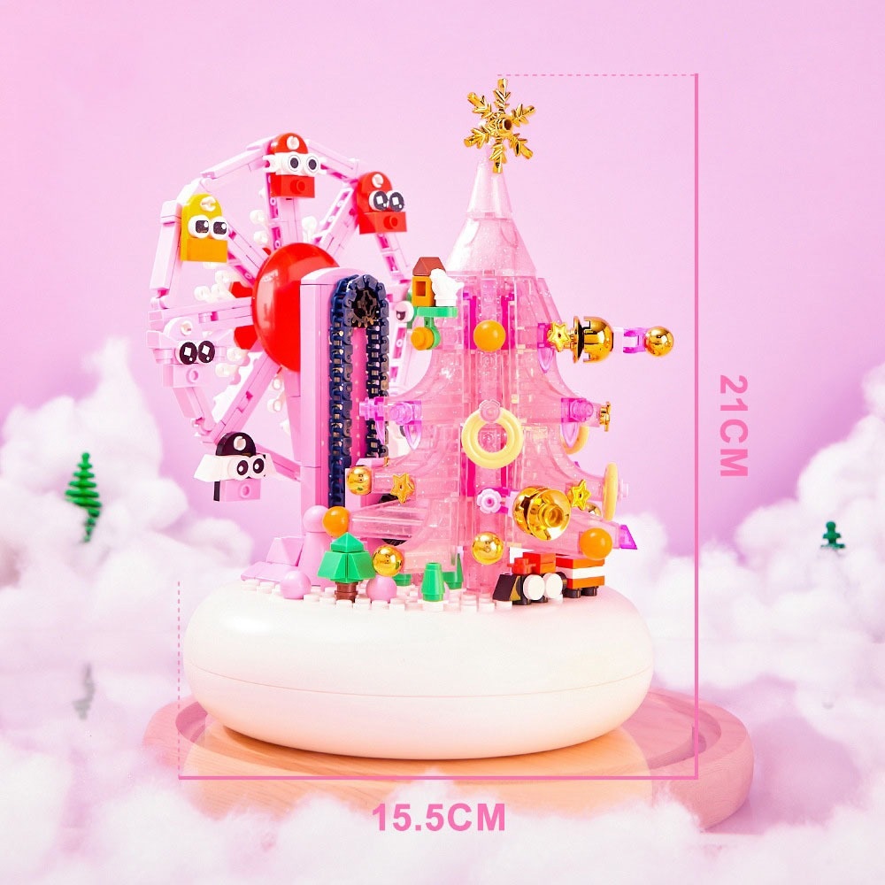 Đồ Chơi Lắp Ráp Kiểu Lego Cây Thông Hồng Có Vòng Đu Quay Đi Kèm Thú Cưng Giáng Sinh Hộp Nhạc Đèn Led Dễ Thương DK7030