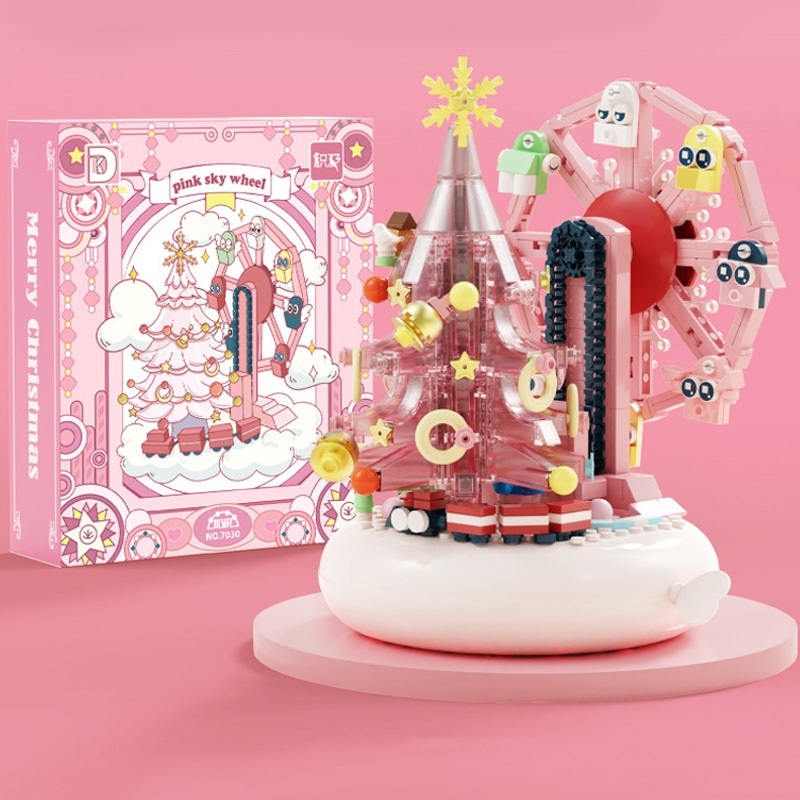 Đồ Chơi Lắp Ráp Kiểu Lego Cây Thông Hồng Có Vòng Đu Quay Đi Kèm Thú Cưng Giáng Sinh Hộp Nhạc Đèn Led Dễ Thương DK7030