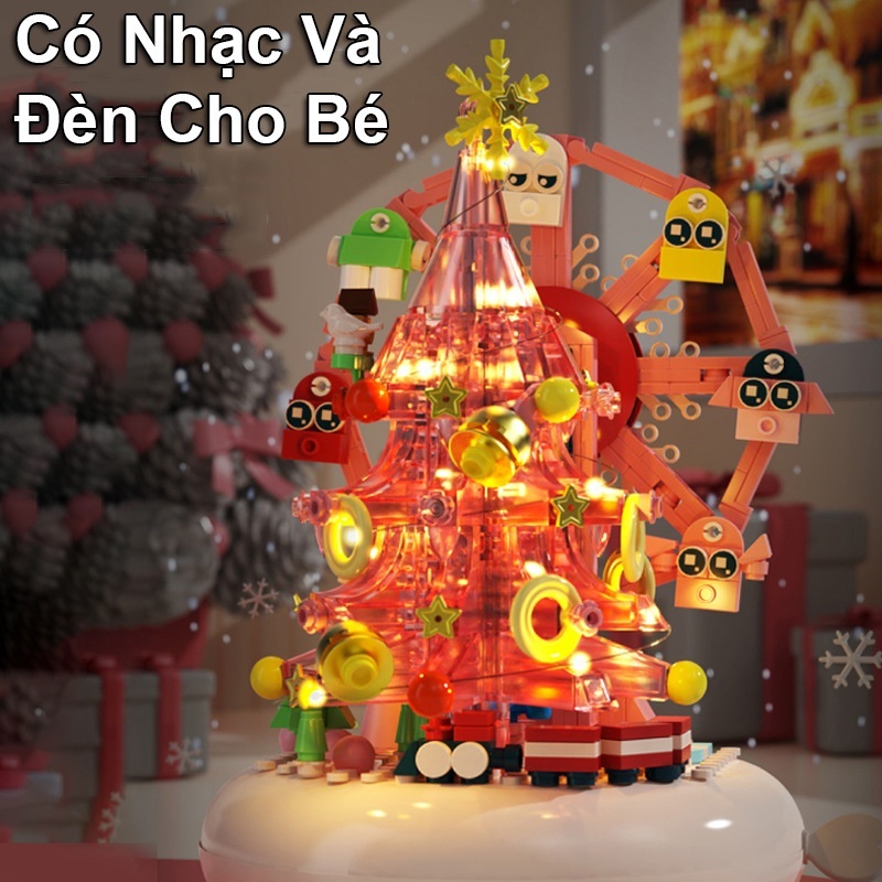 Đồ Chơi Lắp Ráp Kiểu Lego Cây Thông Hồng Có Vòng Đu Quay Đi Kèm Thú Cưng Giáng Sinh Hộp Nhạc Đèn Led Dễ Thương DK7030