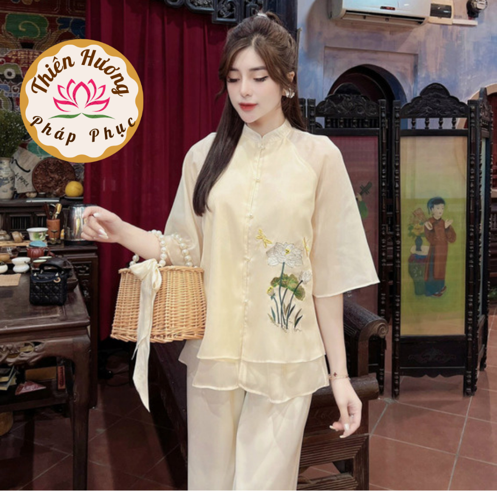Đồ bộ đi chùa cổ tàu thêu hoa sen lụa voan tơ 3 lớp Pháp phục đi chùa tay lỡ Đồ lam cách tân nhẹ nhàng Thanh lịch
