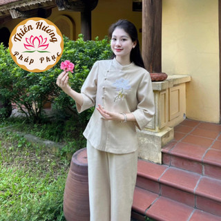 Bộ phật tử truyền thống cúc cài chéo thêu chữ An Đồ lam đi chùa nữ thêu hoa sen tỉ mỉ Đồ bộ đi lễ cổ trụ Sang trọng