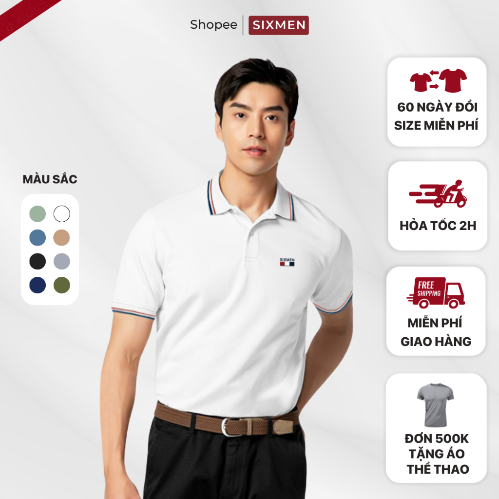 Áo thun Polo nam cao cấp có cổ bẻ SIXMEN  - 3RIM FLA - vải cá sấu cotton thoáng mát, thanh lịch
