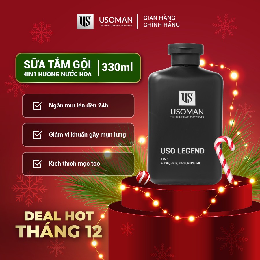 Sữa tắm nam toàn thân 4 trong 1 330ml USOMAN kết hợp: tắm, gội, rửa mặt, nước hoa ngăn ngừa mùi cơ thể