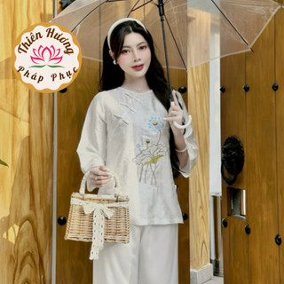 Pháp phục đi chùa cổ tròn khuy tết chéo thêu hoa lụa tằm nha xá cao cấp Bộ lam đi chùa tay lỡ Đồ đi lễ Sang trọng