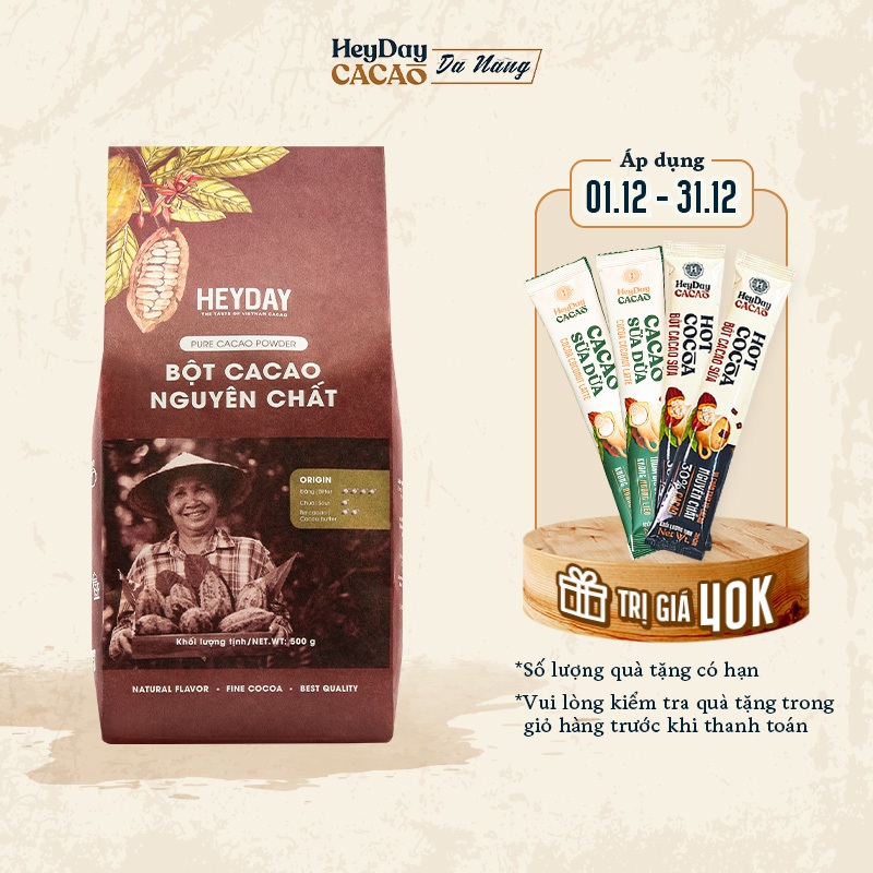 Túi giấy 500g Bột cacao nguyên chất 100% Heyday - Dòng Origin thượng hạng - Chuẩn UTZ Quốc Tế